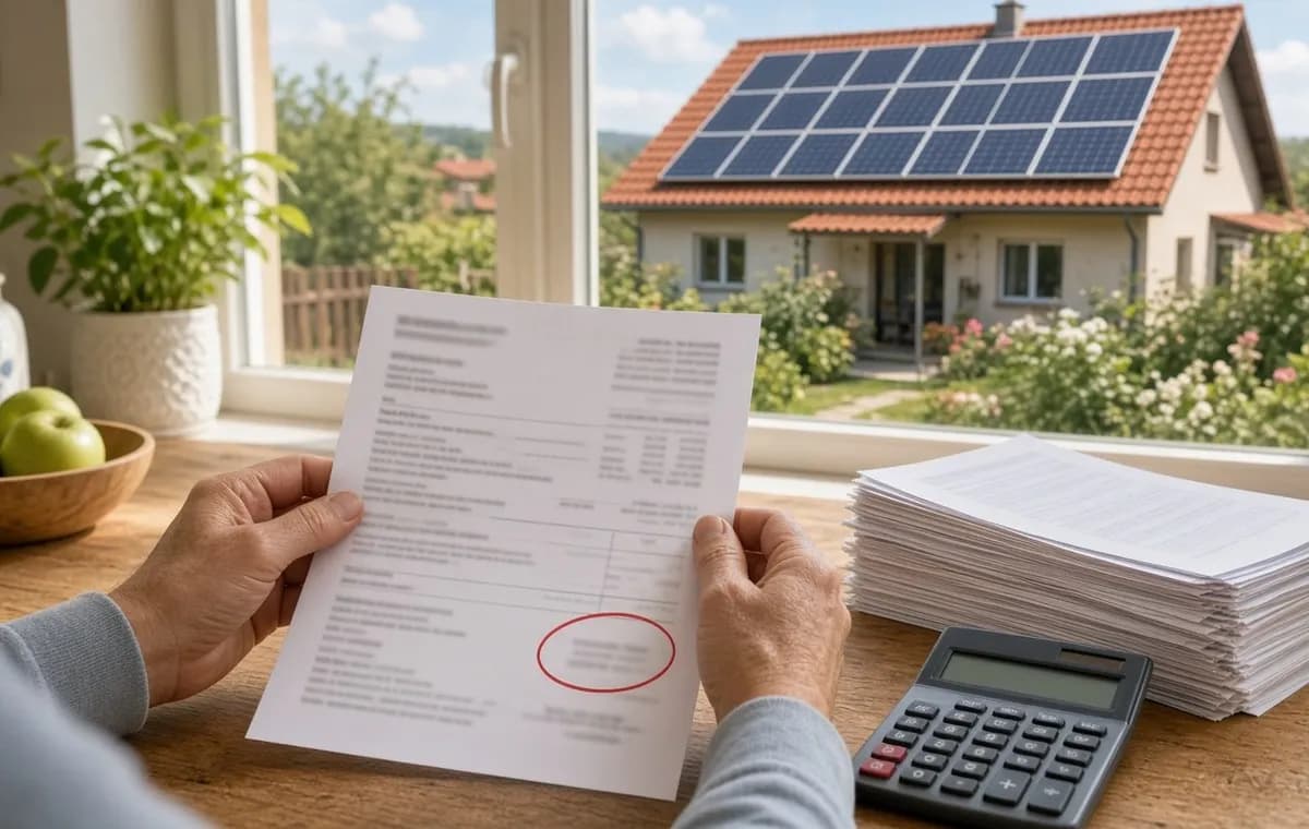 Osoba drži račun za struju, kroz prozor se vidi kuća sa solarnim panelima na krovu.