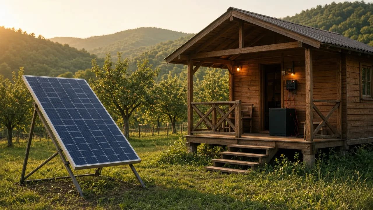 100W solarni panel i akumulator solarni na drvenoj vikendici