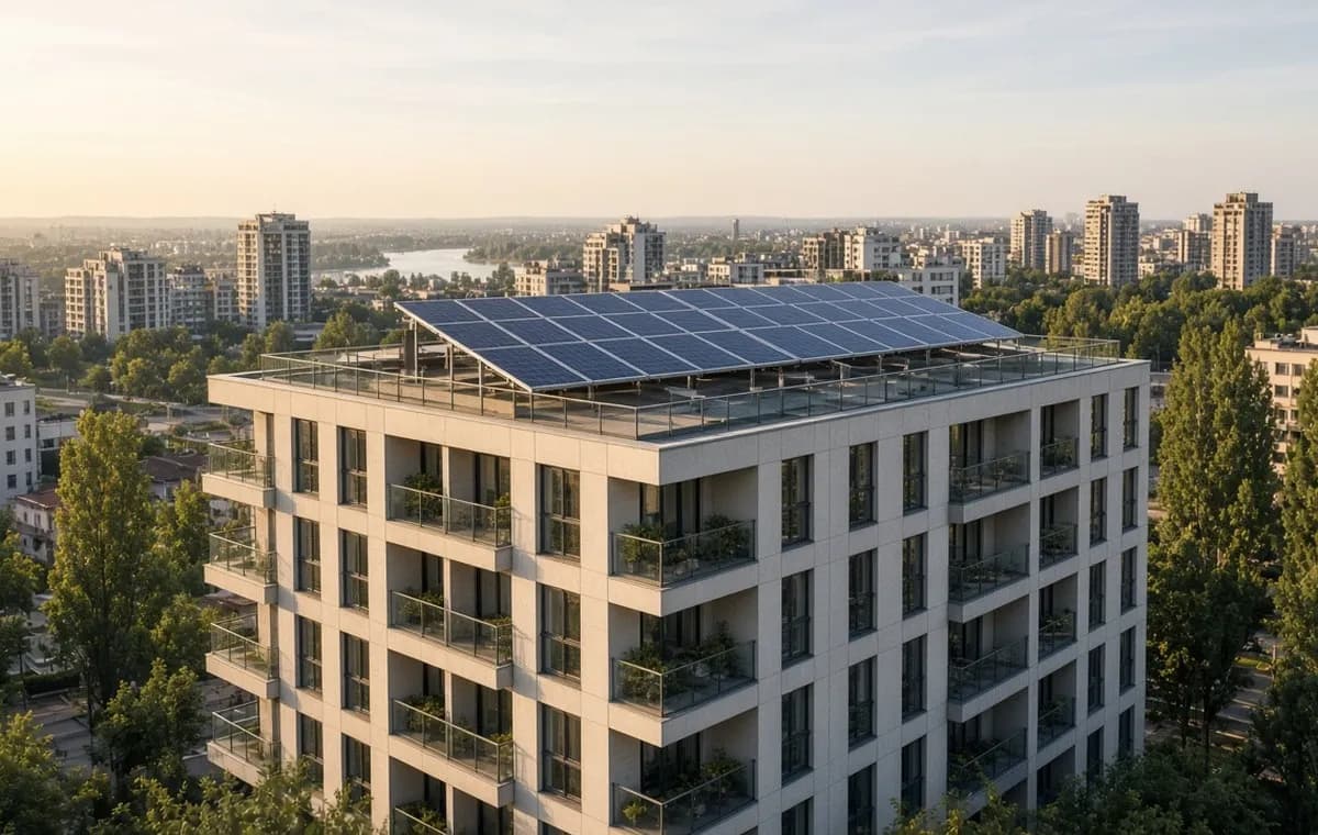 Stambena zgrada u Beogradu sa solarnom elektranom na ravnom krovu, u pozadini gradski blokovi i reka.