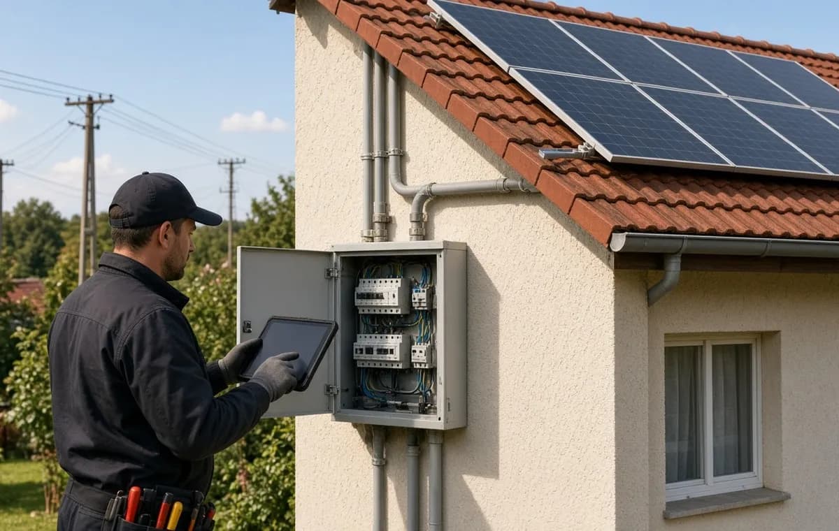 Električar proverava priključni orman porodične kuće sa solarnim panelima na krovu.