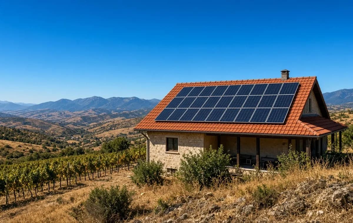 Kuća sa solarnim panelima na osunčanom južnom padu u Srbiji, vinogradi i planine pod vedrim nebom.