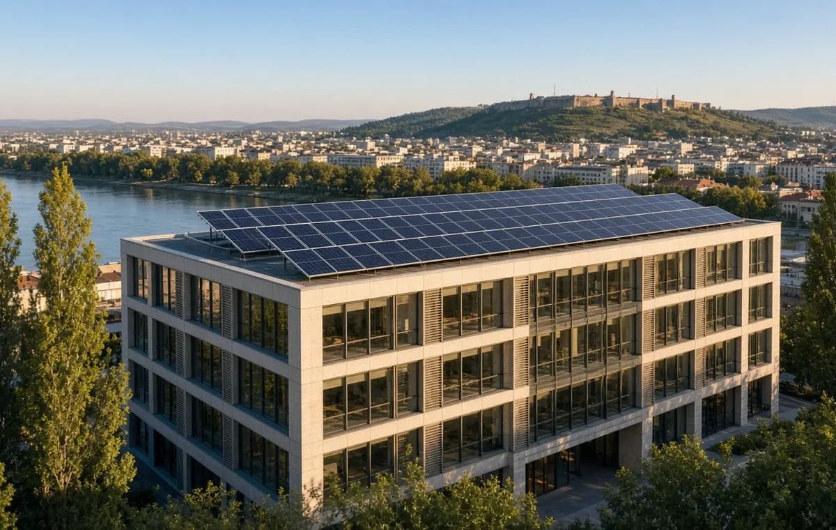 Poslovna zgrada u Novom Sadu sa solarnom elektranom na ravnom krovu, u pozadini Dunav i Petrovaradinska tvrđava.