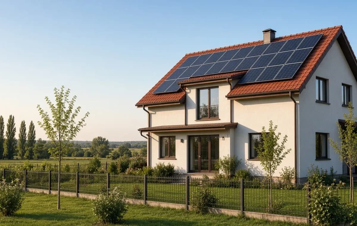 Porodična kuća u Subotici sa solarnim panelima na crepnom krovu, dvorište i ravničarski pejzaž.